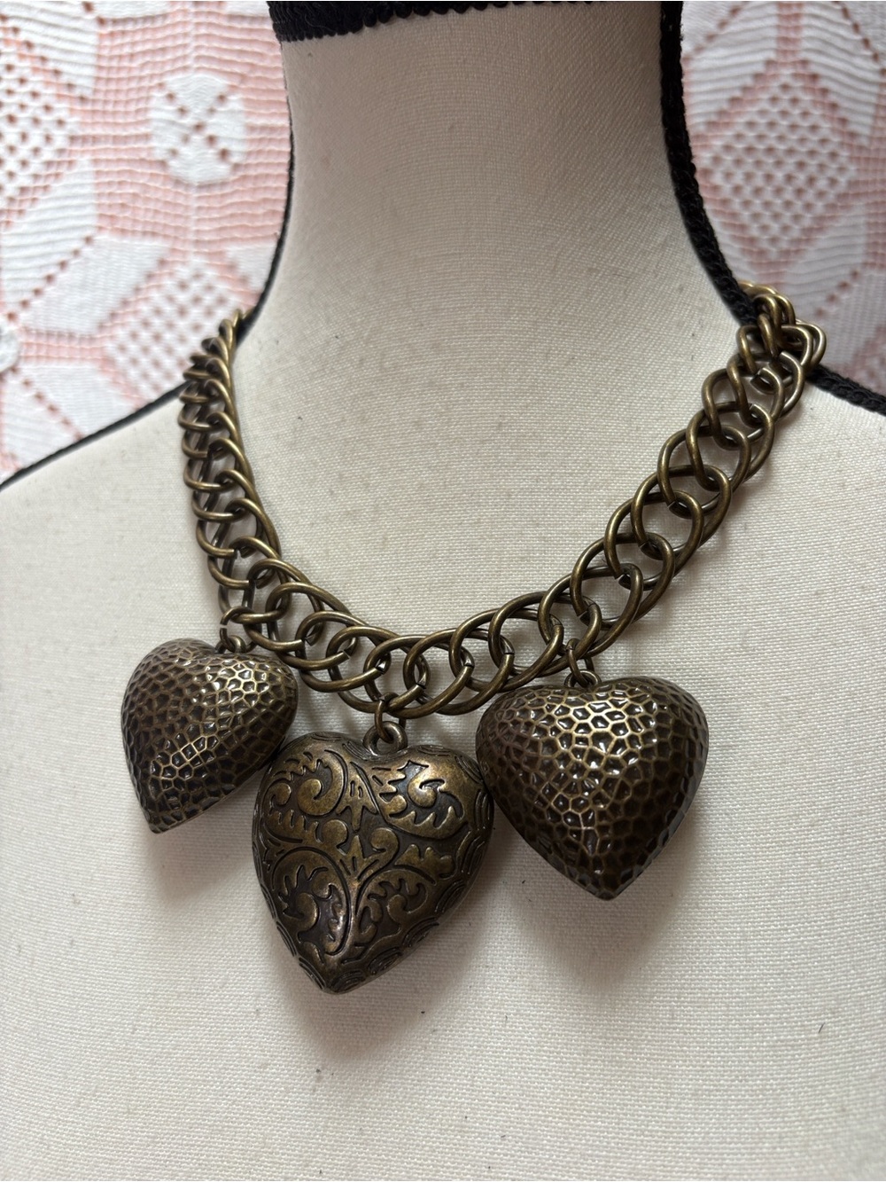 Antique Brass Heart Pendant Statement Necklace